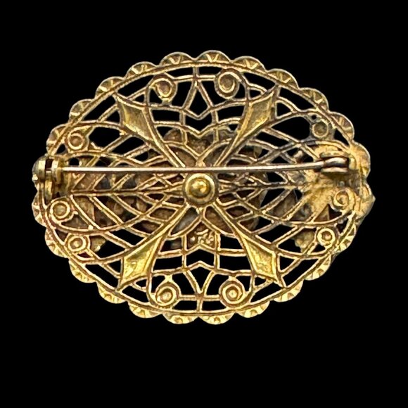 Vintage Oval Gold Tone Brooch Peach Rose Flower Accent - Picture 2 of 3